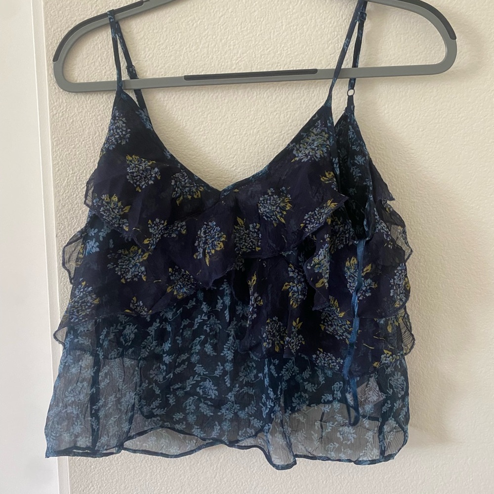 Free People Floral Navy Ruffle Camisole Tank Top